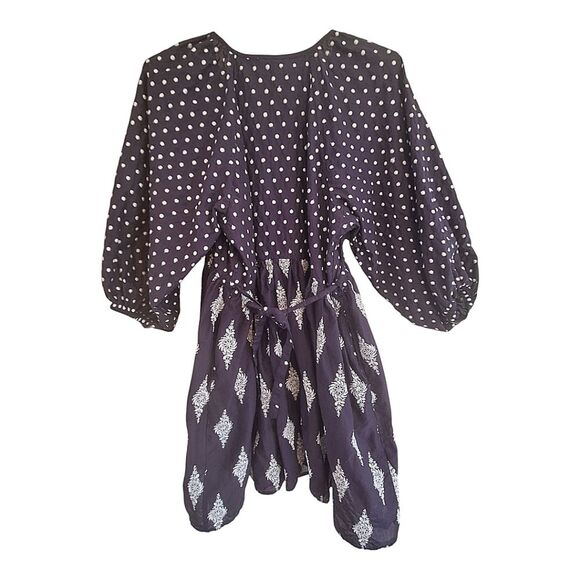 TALISMAN Gaia Dress Navy Blue 100% Cotton Lined Pockets Tie Back Embroidery  L - Picture 4 of 16